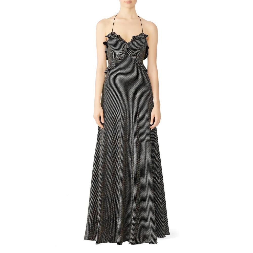 RTR Jill Jill Stuart Sz 10 Multi Metallic Striped Ruffled Halter Cocktail Gown